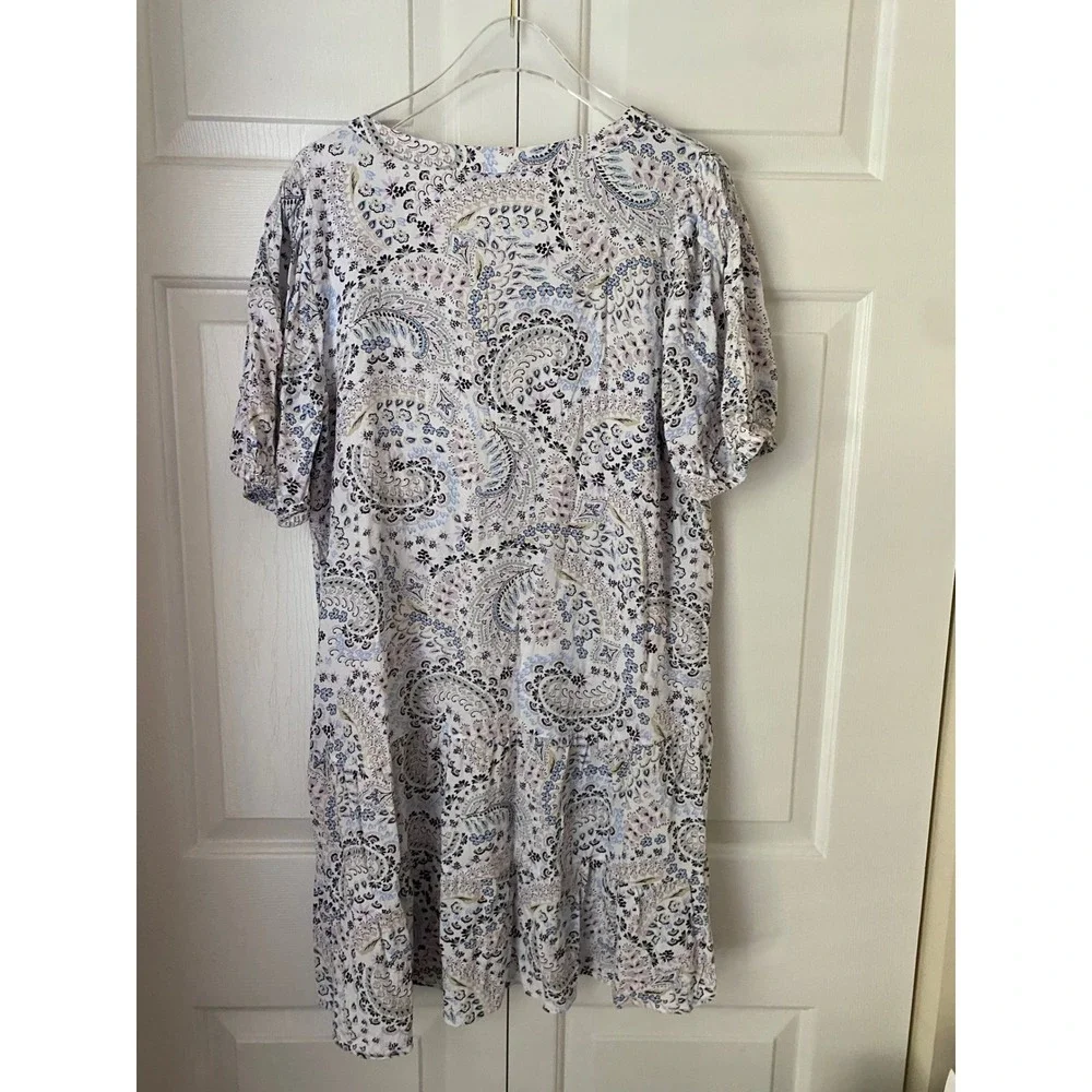 Loft Swing Dress Womens L White Blue Paisley Floral Puff Sleeve V-Neck Boho